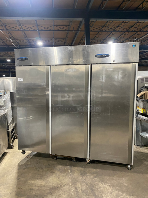 NICE! Hoshizaki Commercial 3 Door Reach In Refrigerator! With Poly Coated Racks! Solid Stainless Steel! On Casters! Model: CR3SFSCL SN: F70011J 115V 60HZ 1 Phase