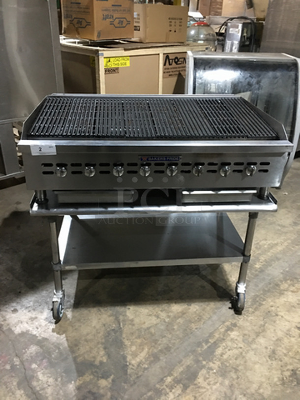 WOW! Bakers Pride Gas Powered Commercial Char Grill! All Stainless Steel! With Underneath Storage Space! With Side Splashes! On Casters!