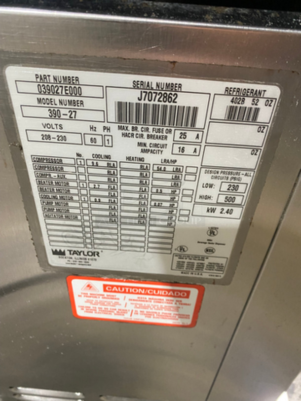 Taylor Commercial Countertop Single Flavor Slushie Machine! All Stainless Steel! On Legs! Model: 39027 SN: J7072862 208/230V 60HZ 1 Phase - Image 4 of 10