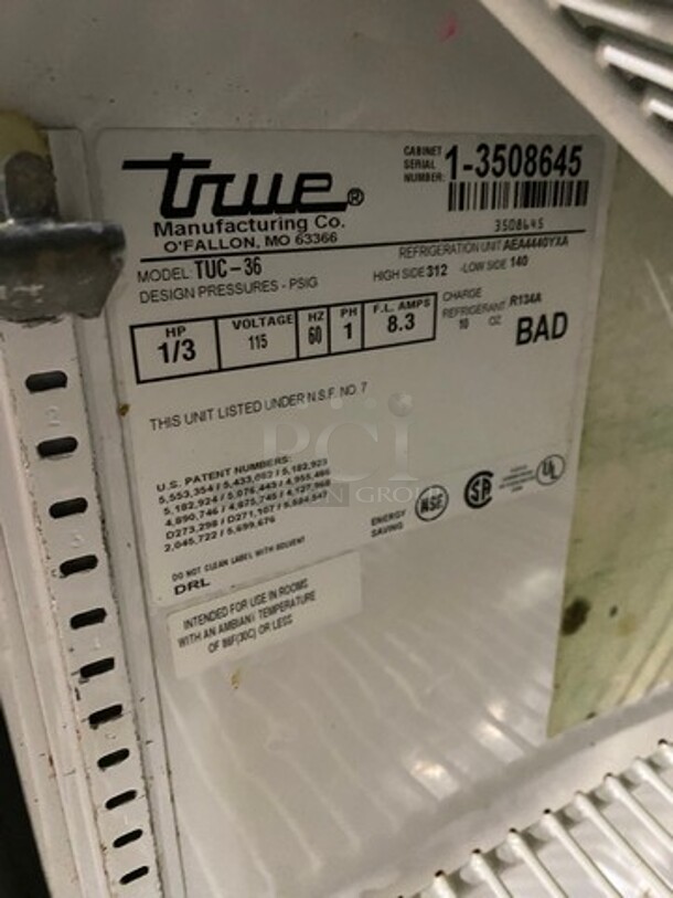 True Commercial 2 Door Lowboy/Worktop Cooler! With poly Coated Racks! All Stainless Steel! On Casters! Model: TUC36 SN: 13508645 115V 60HZ 1 Phase - Image 6 of 7