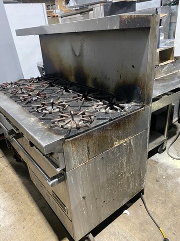 Garland Natural Gas Powered 10 Burner Stove! With 2 Full-Sized Convection Ovens! With Metal Oven Racks! With Raised Back Splash & Salamander Shelf! Stainless Steel! On Casters! WORKING WHEN REMOVED! - Image 2 of 11