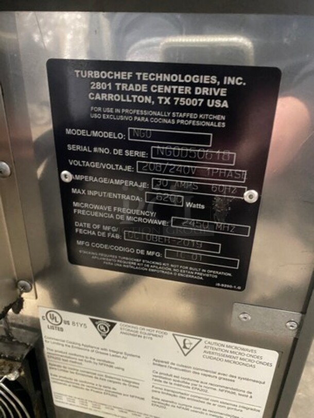 LATE MODEL! 2019 Turbo Chef Commercial Countertop Rapid Cook Oven! On Small Legs! Model: NGO SN: NGOD50618 208/240V 60HZ 1 Phase - Image 5 of 8