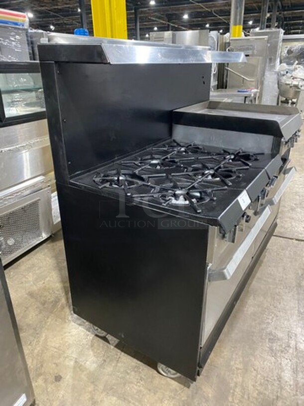 Commercial Natural Gas Powered 6 Burner Stove With Right Side Flat Griddle! Griddle Has Side Splashes! With Raised Back Splash And Salamander Shelf! With 2 Oven Underneath! Metal Oven Racks! All Stainless Steel! On Casters! - Image 3 of 11