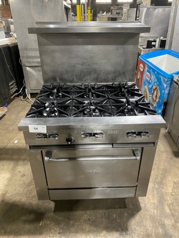 Sunfire Commercial Natural Gas Powered 6 Burner Stove! With Raised Back Splash And Salamander Shelf! With Oven Underneath! All Stainless Steel! On Casters! - Image 1 of 8