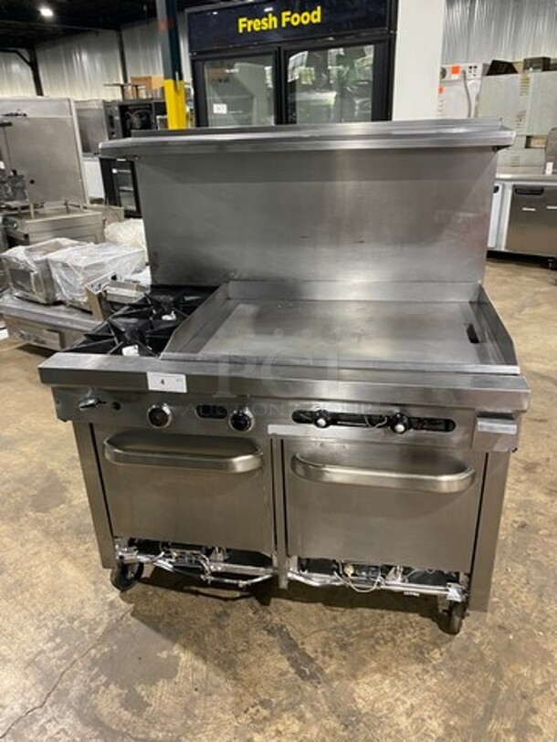 RARE FIND! ALL STAINLESS STEEL VULCAN Natural Gas Powered 36 " Flat Griddle With 2 Burner Hot Plate Combo! With 2 Ovens Underneath! On Commercial Casters With Raised Blacksplash and Salamander shelf!  - Image 1 of 9