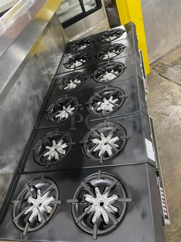 AMAZING FIND! Garland Natural Gas Powered 12 Burner Stove! With 2 Full-Sized Ovens! With Metal Oven Racks! With Raised Back Splash & Salamander Shelf! Stainless Steel! On Casters! WORKING WHEN REMOVED! - Image 5 of 11
