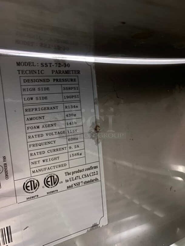 Spartan Commercial Refrigerated Mega Top Sandwich Prep Table! With Commercial Cutting Board! With 3 Door Storage Space Underneath! Poly Coated Racks! All Stainless Steel! On Casters! Model: SST7230 - Image 8 of 10