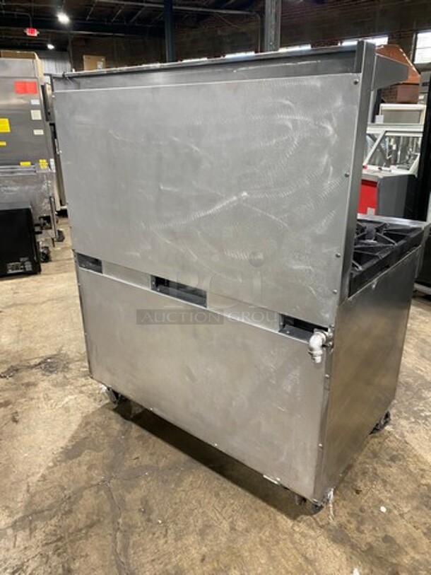 RARE FIND! ALL STAINLESS STEEL VULCAN Natural Gas Powered 36 " Flat Griddle With 2 Burner Hot Plate Combo! With 2 Ovens Underneath! On Commercial Casters With Raised Blacksplash and Salamander shelf!  - Image 4 of 9