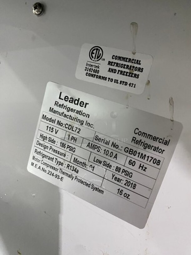 LATE MODEL! 2018 Leader Commercial Refrigerated Bakery/Deli Case! With Slanted Front Glass! With Sliding Rear Access Doors! All Stainless Steel Body! WORKING WHEN REMOVED! Model: CDL72 SN: GB01M1708 115V 60HZ 1 Phase - Image 7 of 8