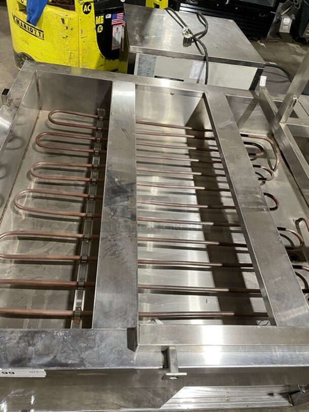 AMAZING! Custom Natural Gas Powered Island Style Steam Table! With Refrigerated Island Style Salad Bar Display Unit! All Stainless Steel! With Sneeze Guard Frame Build Out! With Enclosed Storage Underneath! On Legs! All One Money!  - Image 4 of 7