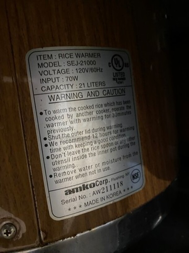 FAB! Amko Commercial Rice Warmer/ Holder Station! On Custom Made Equipment Stand! All Stainless Steel! On Legs! Model: SEJ21000 SN: AW211118 120V - Image 9 of 11