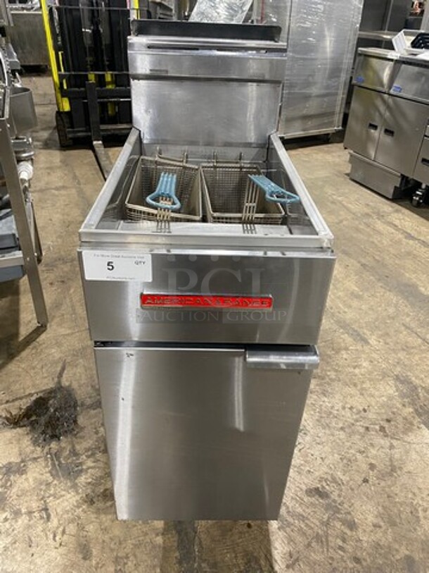 American Range Commercial Natural Gas Powered Deep Fat Fryer! With 2 Metal Frying Baskets! With Backsplash! All Stainless Steel! On Legs! Model: AF50HE SN: 211020FO351