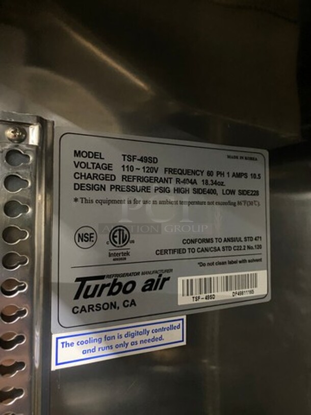 Turbo Air Commercial 2 Door Reach In Freezer! Solid Stainless Steel! On Casters! Model: TSF49SD SN: DF49811165 110/120V 60HZ 1 Phase - Image 7 of 10