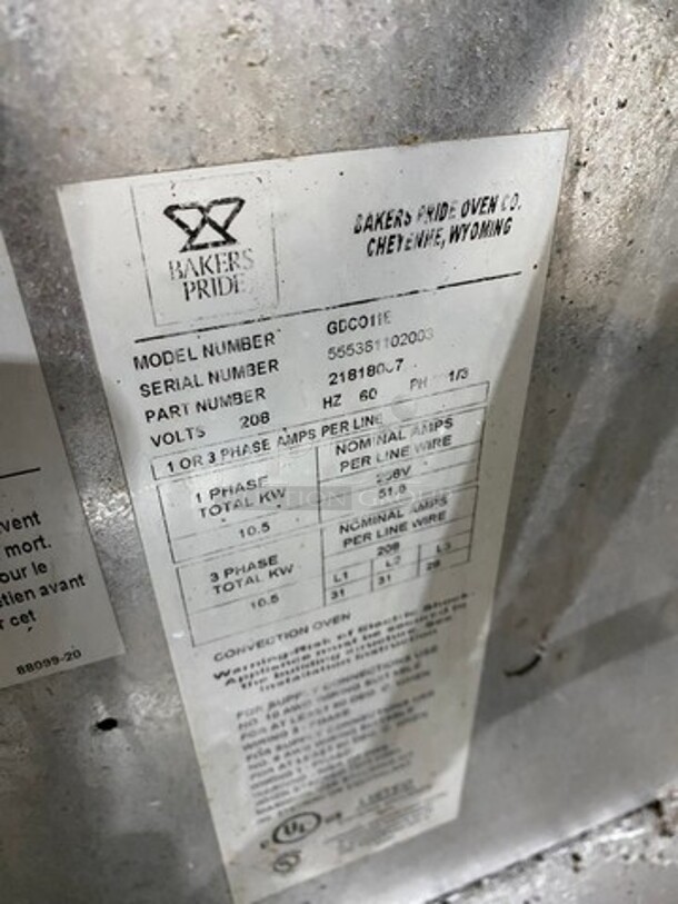 Bakers Pride Commercial Electric Powered Single Deck Convection Oven! With View Through Doors! Metal Oven Racks! All Stainless Steel! With Legs! Model: GDCO11E SN: 555361102003 208V 60HZ 1/3 Phase - Image 8 of 9