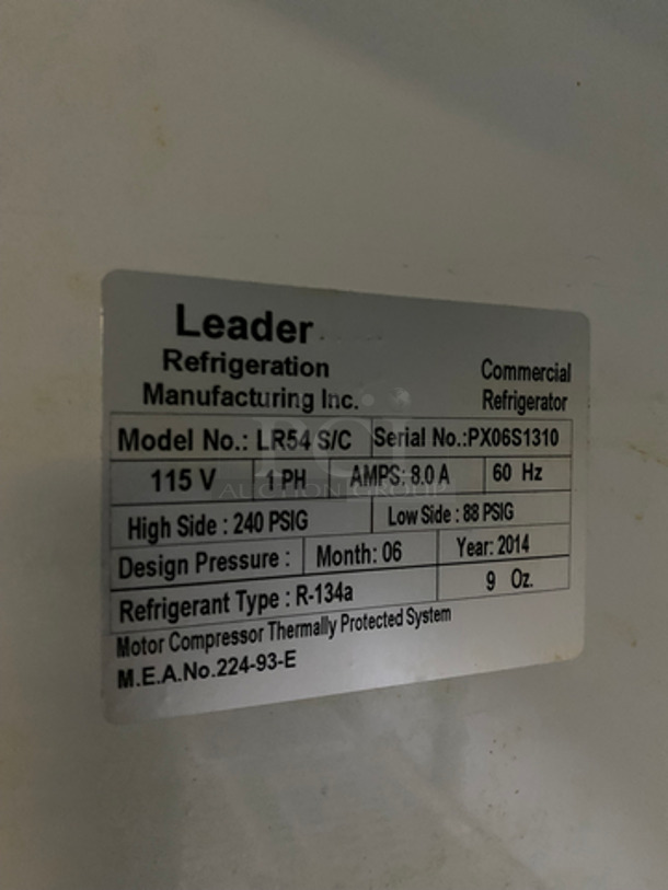 Leader Commercial 2 Door Refrigerator! With Poly Coated Racks! All Stainless Steel! On Casters! Model: LR54S/C SN: PX06S1310 115V 60HZ 1 Phase - Image 8 of 9