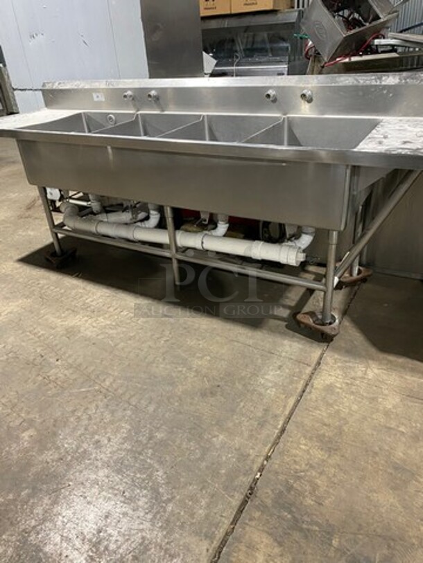 Commercial 4 Compartment Dish Washing Sink! With Dual Side Drain Board! With Back Splash! All Stainless Steel! On Legs And Casters!