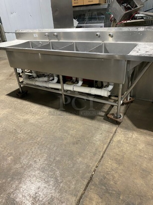 Commercial 4 Compartment Dish Washing Sink! With Dual Side Drain Board! With Back Splash! All Stainless Steel! On Legs And Casters! - Image 1 of 12