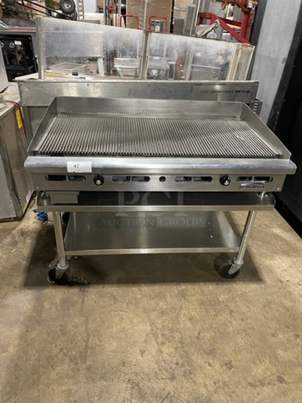 NICE! Imperial Commercial Natural Gas Powered Grooved Grill! With Back And Side Splashes! On Legs! On Equipment Stand! With Storage Space Underneath! All Stainless Steel! On Casters!