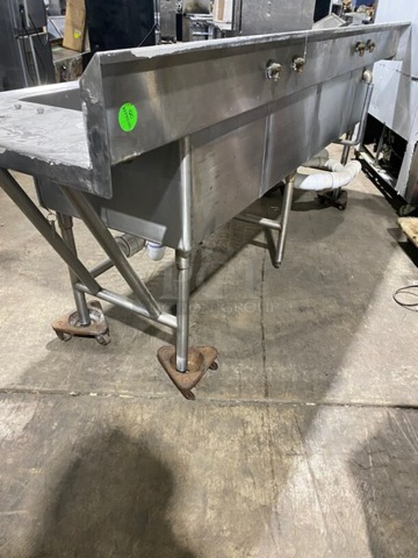 Commercial 4 Compartment Dish Washing Sink! With Dual Side Drain Board! With Back Splash! All Stainless Steel! On Legs And Casters! - Image 3 of 12