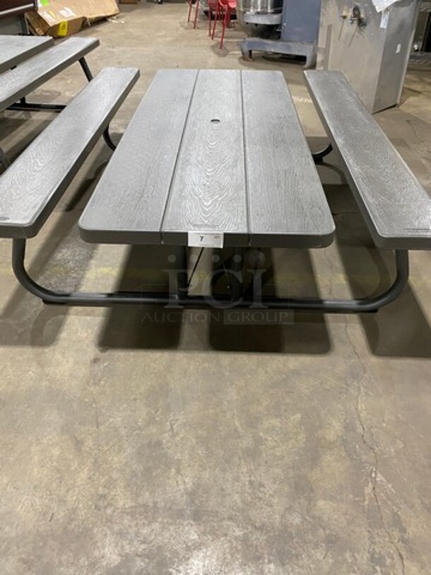 NICE! Lifetime Wooden Pattern Poly Picnic Table! With Dual Side Bench Seats! With Foldable Legs! - Image 1 of 7