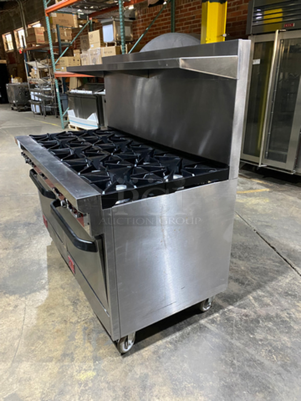 MUST HAVE! Southbend Commercial Natural Gas Powered 10 Burner Stove! With 2 Full Size Ovens Underneath! With Backsplash & Overhead Salamander Shelf! All Stainless Steel! On Casters! - Image 2 of 8