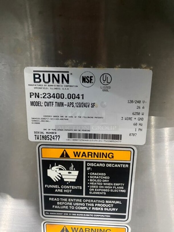 Bunn Commercial Countertop Dual Coffee Brewing Machine! All Stainless Steel! Model: CWTFTWIN SN: TWIN052477 120/240V 60HZ 1 Phase - Image 8 of 11