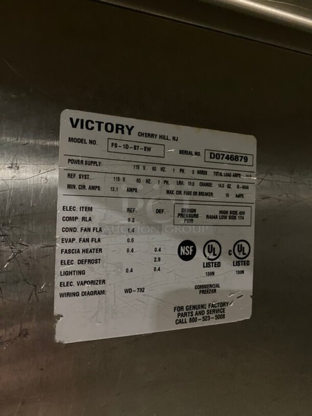 Victory Commercial Single Door Reach In Freezer! All Stainless Steel! Model: FS1DS7EW SN:D0746879 115V 1 Phase! On Legs! 115V 1PH  - Image 7 of 9