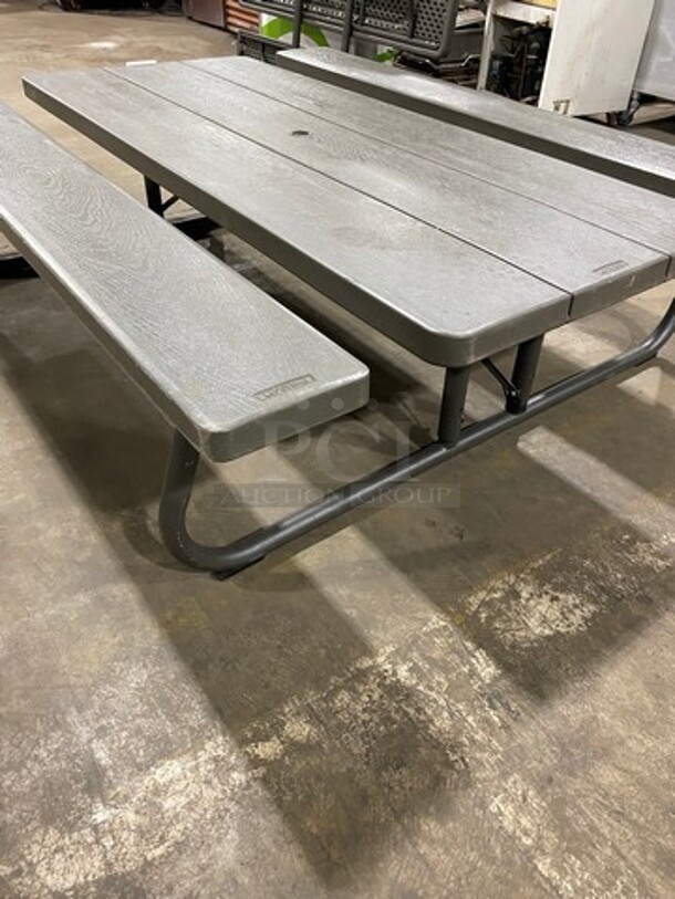NICE! Lifetime Wooden Pattern Poly Picnic Table! With Dual Side Bench Seats! With Foldable Legs! - Image 3 of 9