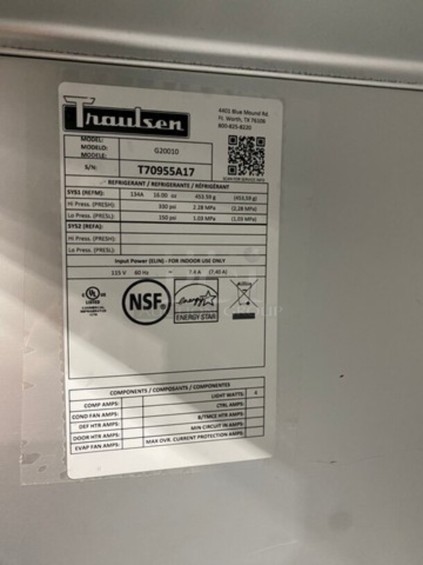 Traulsen Commercial 2 Door Reach In Refrigerator! With Poly Coated Racks! All Stainless Steel! On Casters! Model: G20010 SN: T70955A17 115V 60HZ 1 Phase - Image 9 of 11