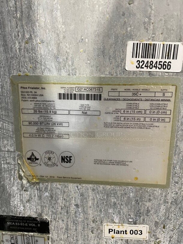 NICE! Pitco Commercial Natural Gas Powered Deep Fat Fryer! All Stainless Steel! With 2 Frying Baskets! With Dormont Quick Disconnect Gas Hose! On Casters! Model: 35C+ SN: G21AC067315! Working When Removed! - Image 8 of 12