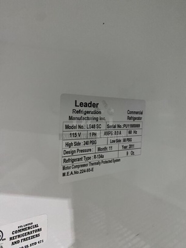 2011 Leader Commercial 2 Door Reach In Cooler Merchandiser! With View Through Doors! With Poly Coated Racks! All Stainless Steel! Model: LS48SC SN: PU11M0069 115V 60HZ 1 Phase - Image 7 of 8