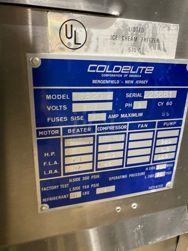 Coldelite Commercial 3 Handle Soft Serve Ice Cream Machine! All Stainless Steel! On Casters! Model: UF820 SN:225881 208V 3PH - Image 9 of 11