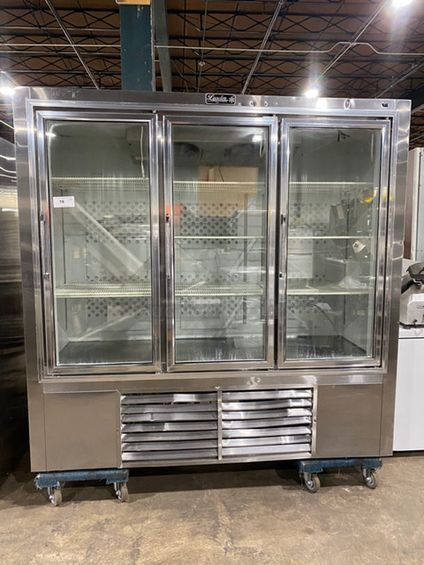 FAB! 2010 Leader Commercial 3 Door Reach In Freezer Merchandiser! With View Through Door! Poly Coated Racks! All Stainless Steel! Model: LS79 SN: PT033036 230V 60HZ 1 Phase