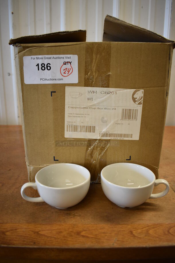 Box of 24 BRAND NEW! White Ceramic Cappuccino Mugs. 5x4x2.5