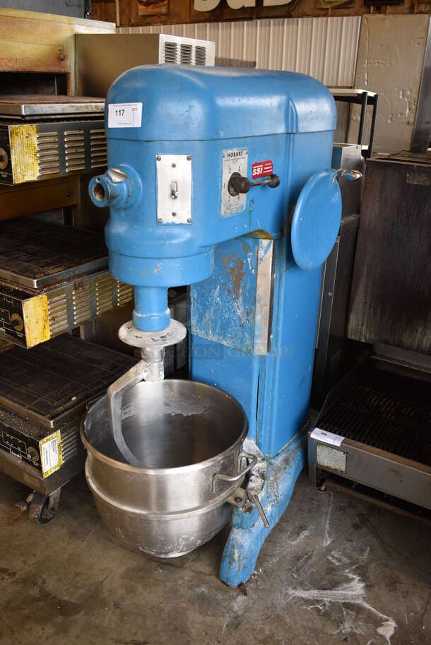 Hobart Model H-600 Metal Commercial Floor Style 60 Quart Planetary Dough Mixer w/ Stainless Steel Mixing Bowl and Dough Hook Attachment. 208 Volts, 3 Phase. 24x42x56