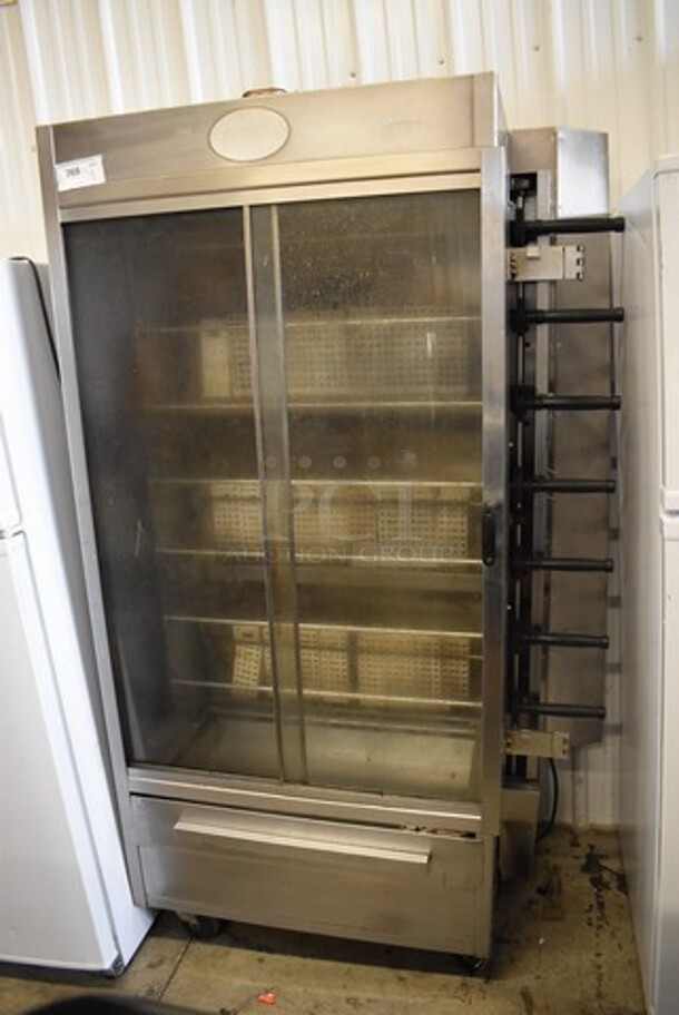 Olde Hickory Stainless Steel Commercial Natural Gas Powered 7 Spit Rotisserie Oven on Commercial Casters. 45x23x75