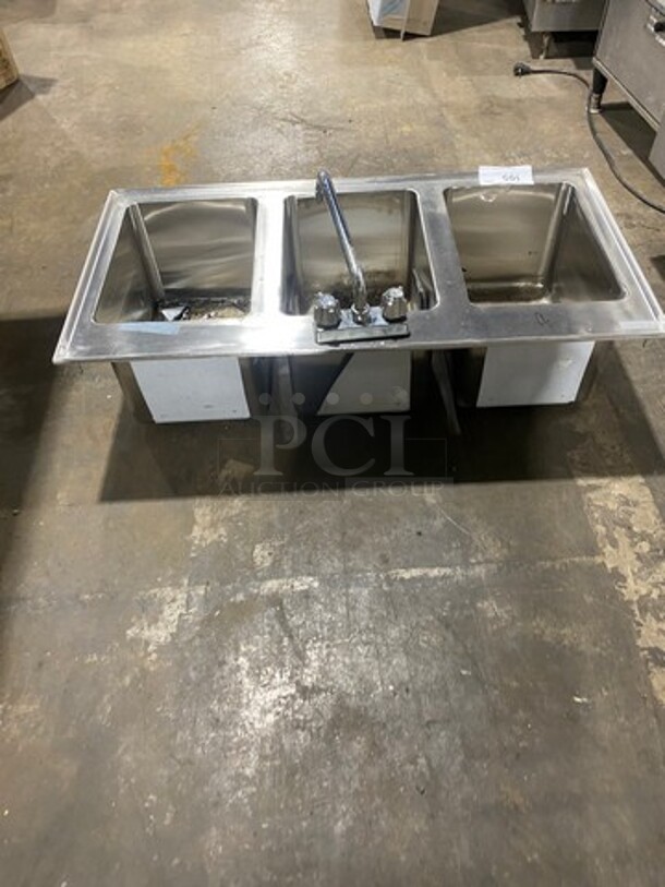 Commercial 3 Compartment Dish Washing Drop In Sink! With Faucet And Handles! All Stainless Steel! - Image 4 of 8