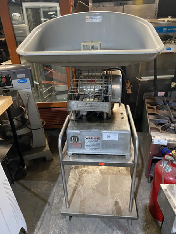 Hollymatic Commercial Food Portioning/ Patty Former Machine! On Equipment Stand! With Underneath Storage Space! All Stainless Steel! On Casters! Model: 54 SN: 58666 115V 60HZ 1 Phase