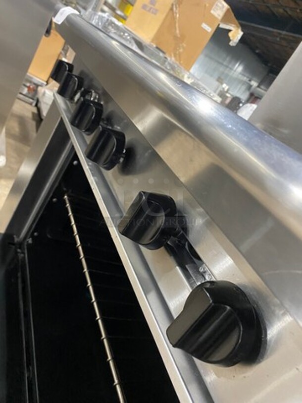 American Range Natural Gas Powered 6 Burner Stove! With Full Size Oven Underneath! With Raised Back Splash And Salamander Shelf! All Stainless Steel! On Casters! - Image 8 of 9