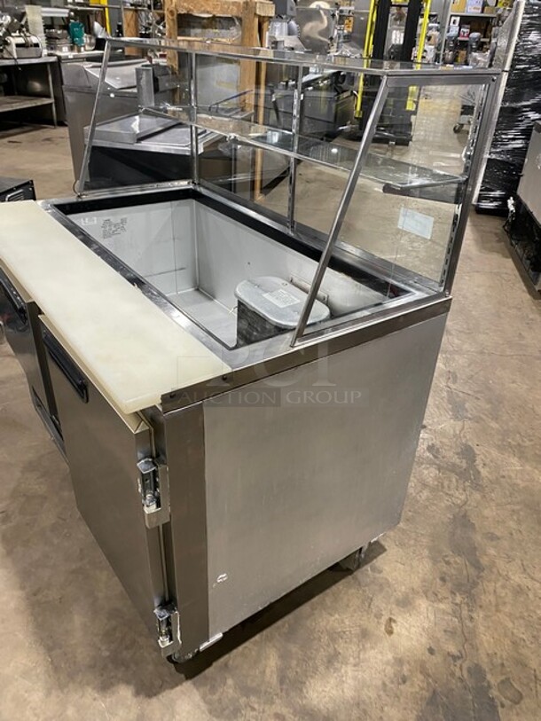 Leader Commercial Refrigerated Sandwich/Salad Prep Table! Stainless Steel! With Glass Top Display and Shelves! With 2 Door Rear Access! With Full Length Cutting Board! On Casters! 115V 1 Phase! Model: LM48 S/C SN: GX09S1105E! - Image 3 of 10