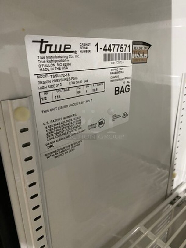 True Commercial Refrigerated Sandwich Prep Table! With 3 Door Storage Space Underneath! Poly Coated Racks! All Stainless Steel! On Casters! Model: TSSU7218 SN: 14477571! 115V 60HZ 1 Phase! - Image 7 of 9