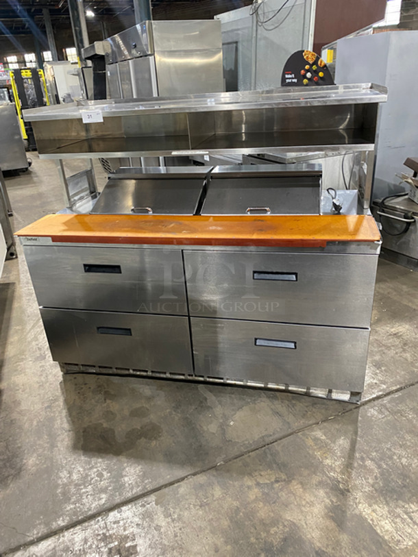 Delfield Commercial Refrigerated Prep Table! With Commercial Cutting Board! With 4 Drawer Storage Space Underneath! With 2 Compartment Over Head Storage Shelf! All Stainless Steel! Model: UCD4464N12DD5 SN: 1504152002836 115V 60HZ 1 Phase