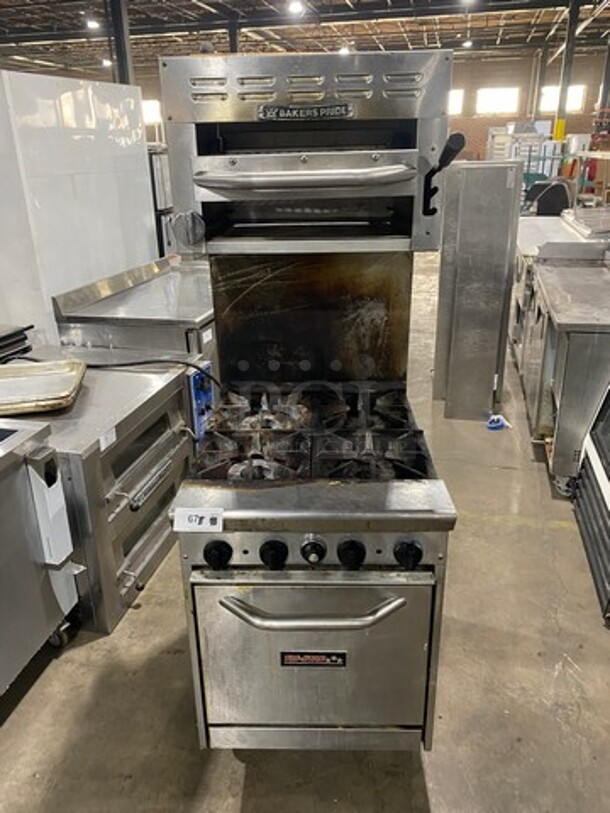 LATE MODEL! Tristar Commercial Natural Gas Powered 4 Burner Stove! With Raised Back Splash And Bakers Pride Salamander! With Full Size Oven Underneath! All Stainless Steel! On Casters! WORKING WHEN REMOVED! Model: TSR4 SN: 990441107015