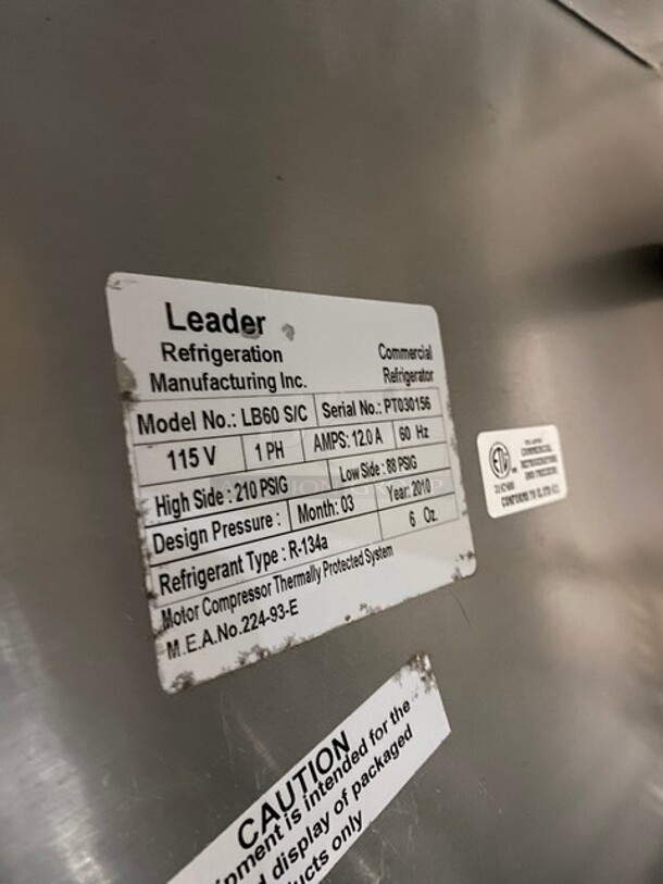 2010 Leader Stainless Steel 2 Door Slide Glass Bar Back Cooler! MODEL LB60S/C SN: PT030156 115V 1PH - Image 6 of 7