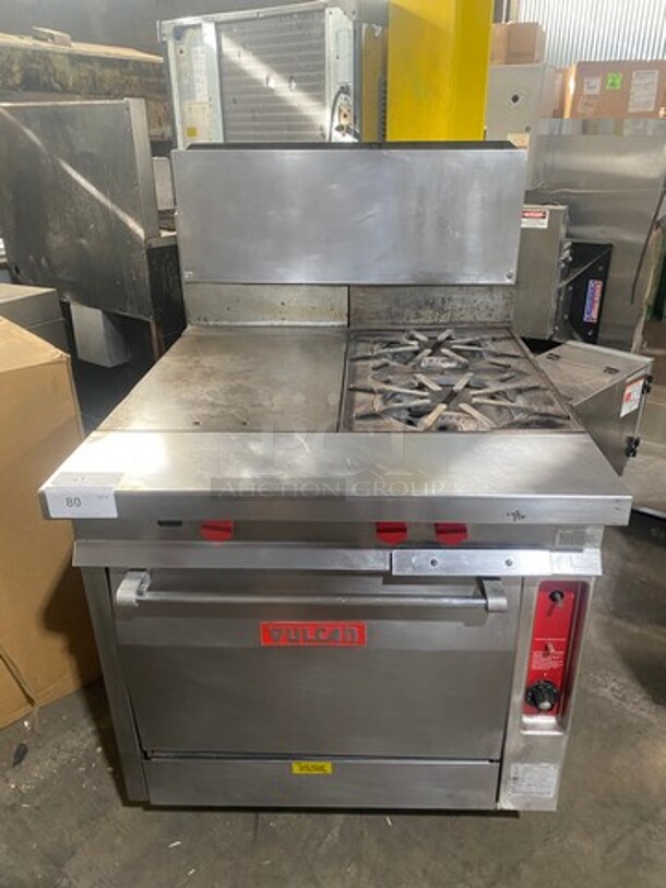 Vulcan Commercial Natural Gas Powered French Top/ Hot Plate Stove With Right Side 2 Burner! With Raised Back Splash! With Oven Underneath! All Stainless Steel! On Legs! Model: GH7245 SN: 481109901AT - Image 1 of 12
