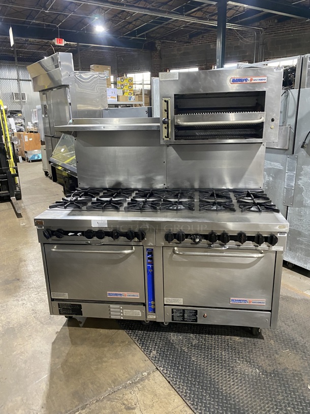 WOW! Southbend/Hussman Natural Gas Powered 12 Burner Stove! With 2 Full Sized  Ovens/One Oven With Convection! With Full Size Salamander! With Metal Oven Racks! With Raised Back Splash & Salamander! All Stainless Steel! On Casters! Working When Removed! - Image 1 of 8