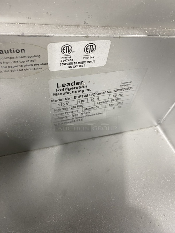 LEADER Commercial Refrigerated Pizza Prep Table! With 1 1/2 Door Storage Space Underneath! All Stainless Steel! On Casters! Model ESPT48 S/C Serial NP05C0836 115V/60Hz/1 Phase - Image 8 of 8