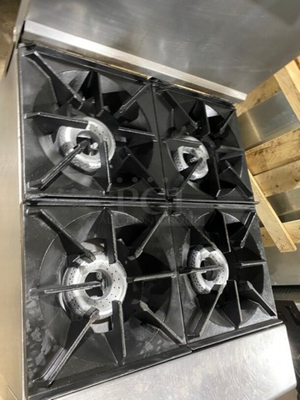 American Range Commercial Natural Gas Powered 4 Burner Stove! With Raised Back Splash And Salamander Shelf! With Oven Underneath! All Stainless Steel! On Legs! - Image 5 of 9