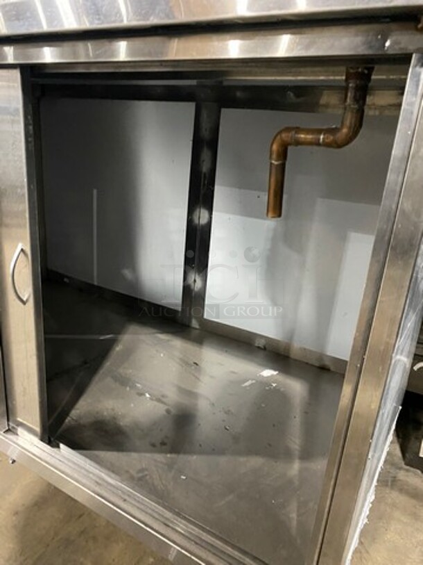 All Stainless Steel Custom Made Commercial Work Top Table! With Drain Board! Perfect For Coffee Stations Or Beverage Stations! With Back Splash! With 4 Door Storage Space Underneath! Solid Stainless Steel! On Legs! - Image 8 of 9