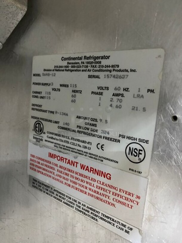 Continental Commercial Refrigerated Sandwich Prep Table! With 2 Door Underneath Storage Space! All Stainless Steel! Model: SW4812 SN: 15742637 115V 60HZ 1 Phase - Image 8 of 9